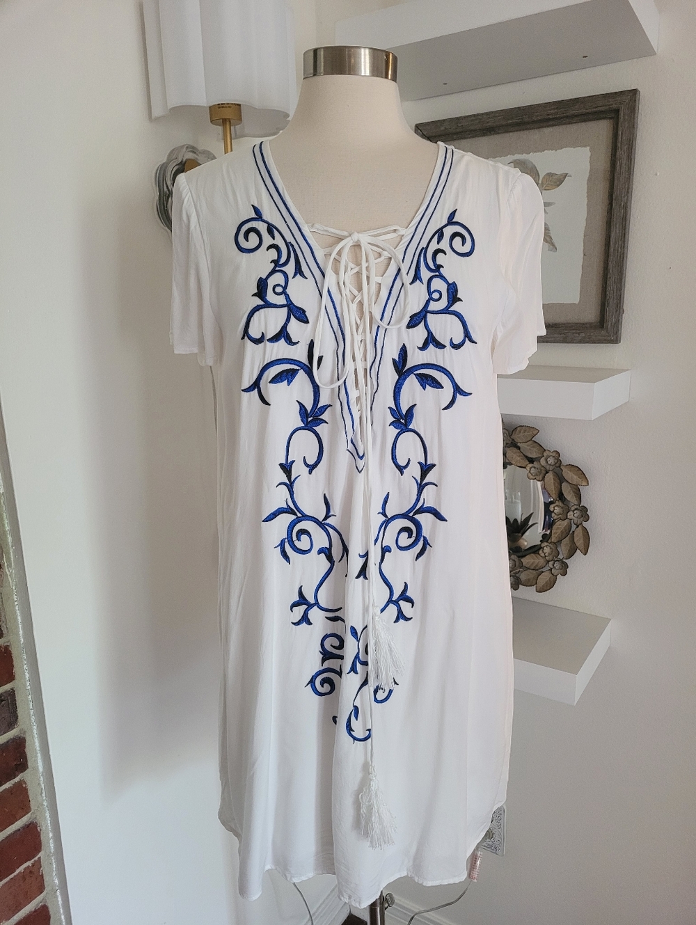Lulus White Tunic Dress with Blue Embroidered Florals